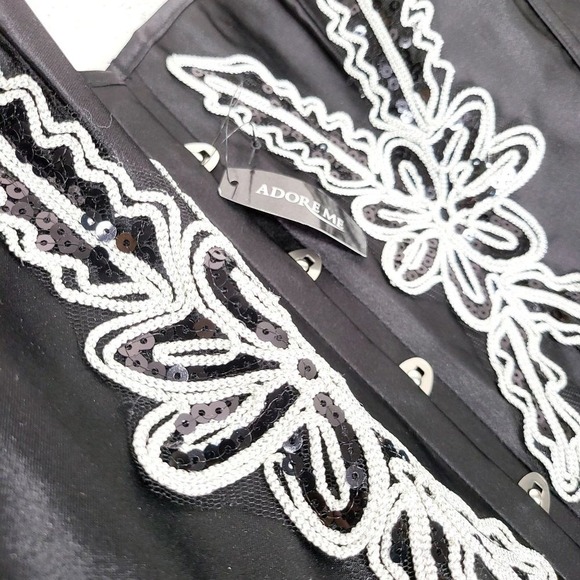 ADORE ME Black Corset PLUS SIZE 2XL XXL Lace Up Floral Beaded Lace Sparkle NEW - Picture 5 of 8